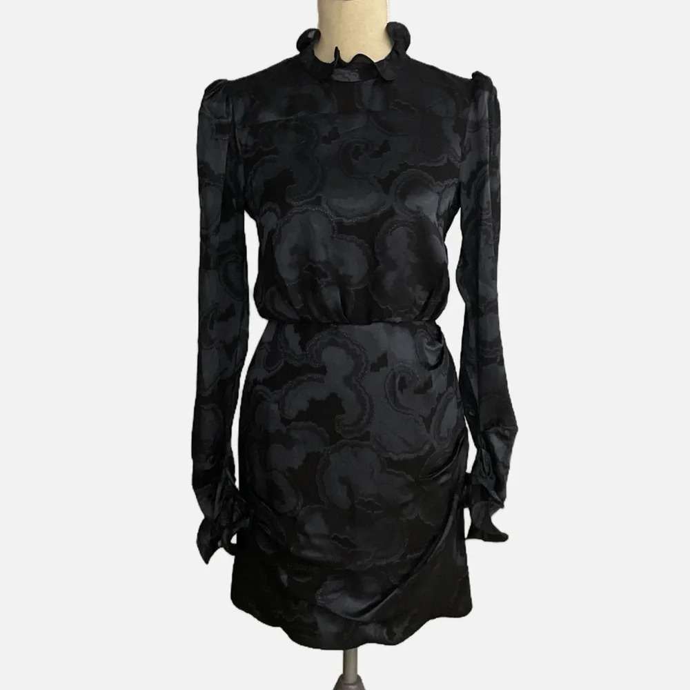 Saloni Floral Print Mini Dress Size US 4 Black‎ Grey Ruffles Long Sleeve Silk - Picture 12 of 12
